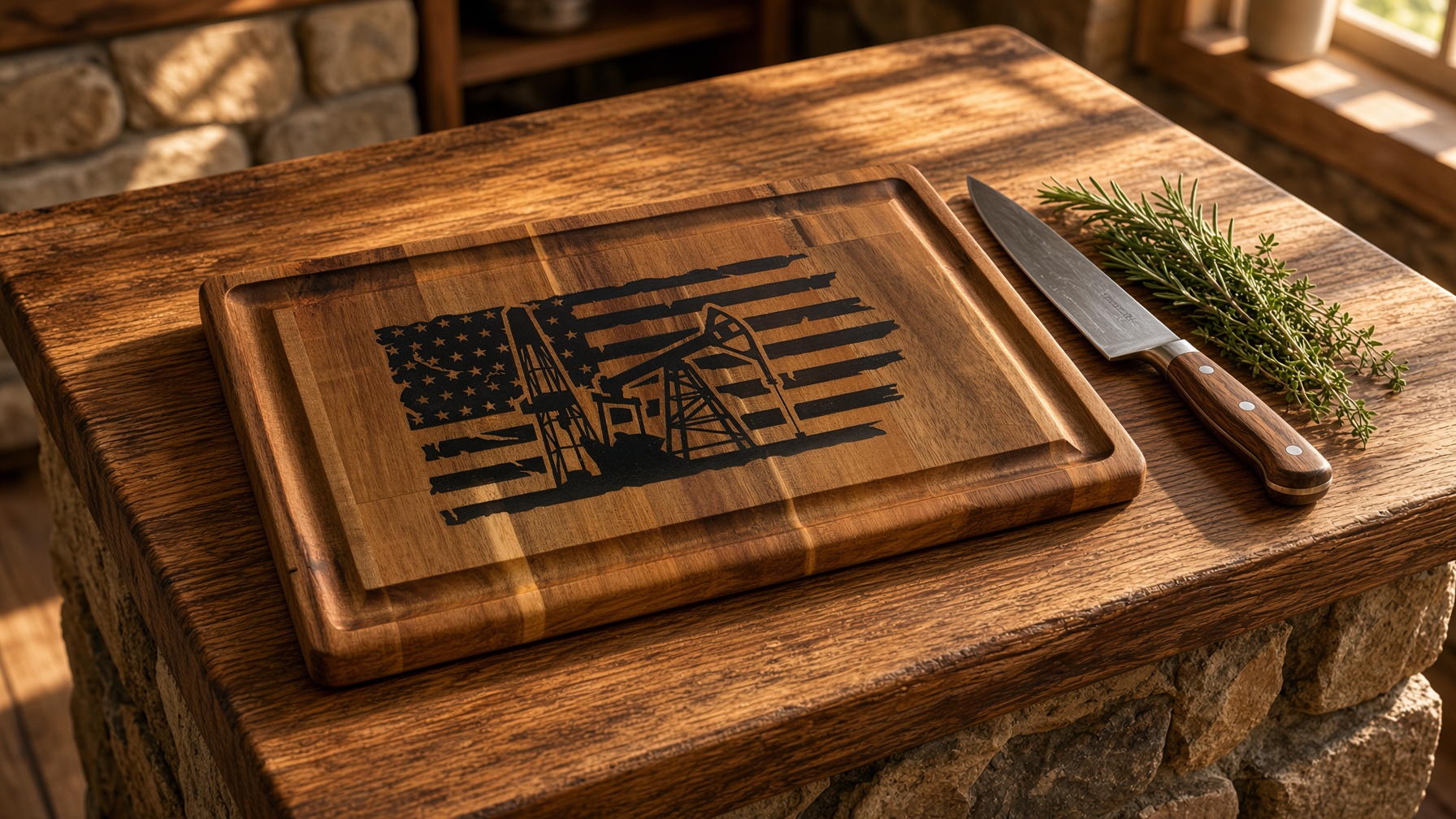 Oil Field Flag board on a kitchen island